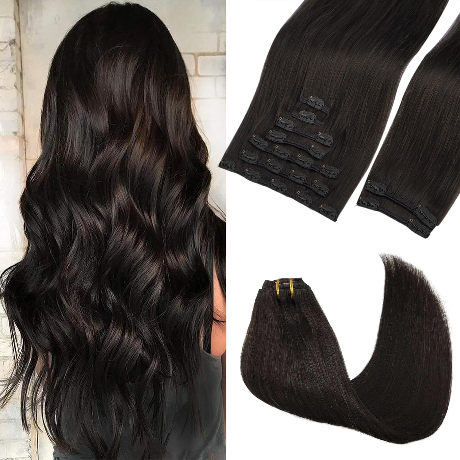 GOO GOO extensiones con clip en pelo humano real, 20 pulgadas, mayor volumen natural.