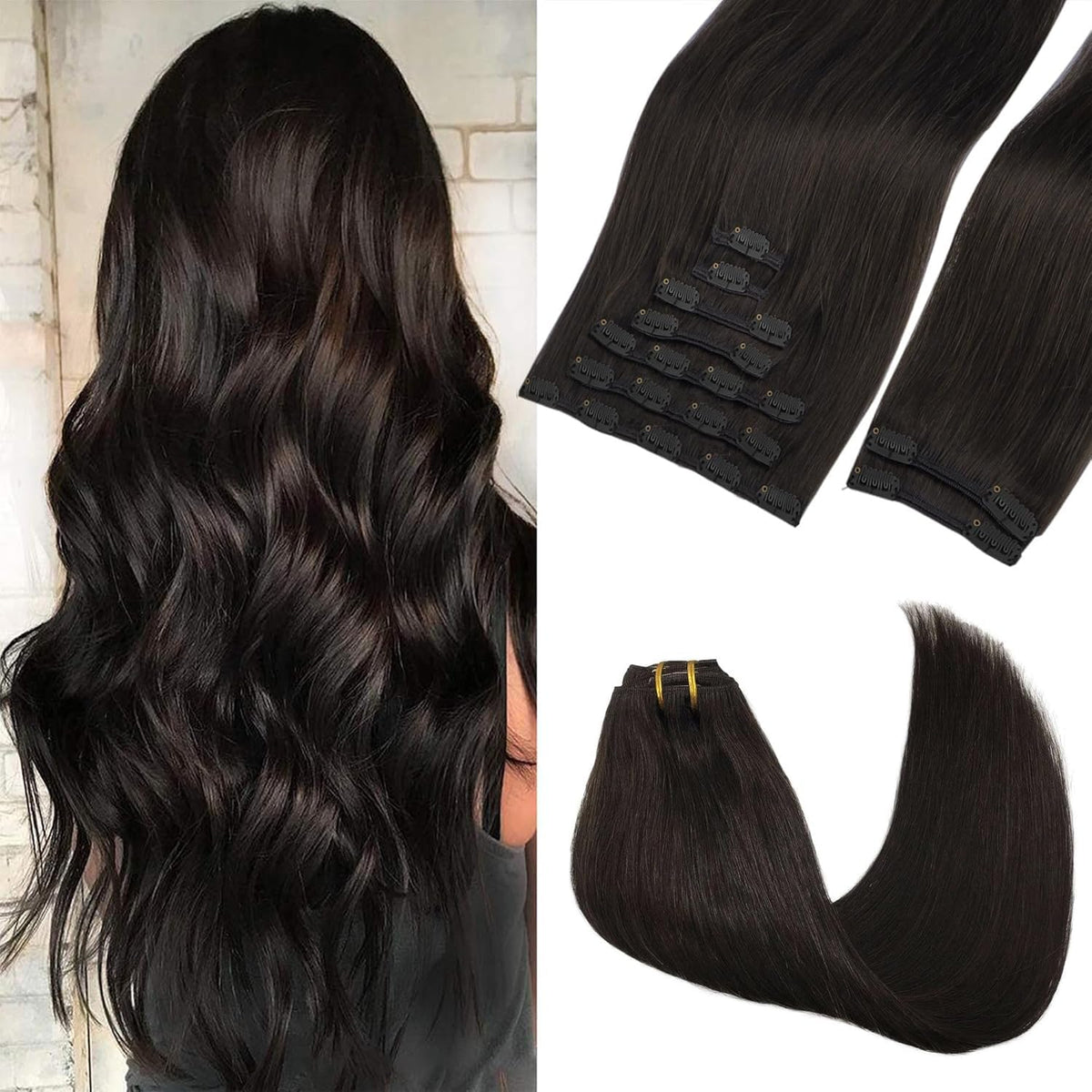 GOO GOO extensiones con clip en pelo humano real, 20 pulgadas, mayor volumen natural.