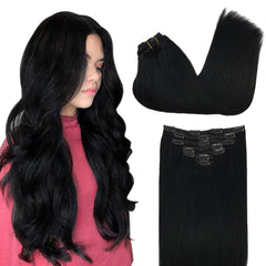 GOO GOO Extensiones con clips pelo humano jet negro, detalle textura suave para acabado natural