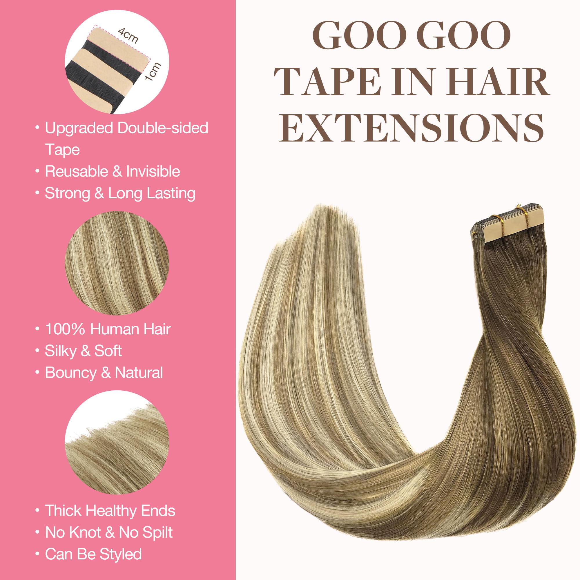 GOO GOO Tape en extensiones pelo humano sedosas para brillo diario