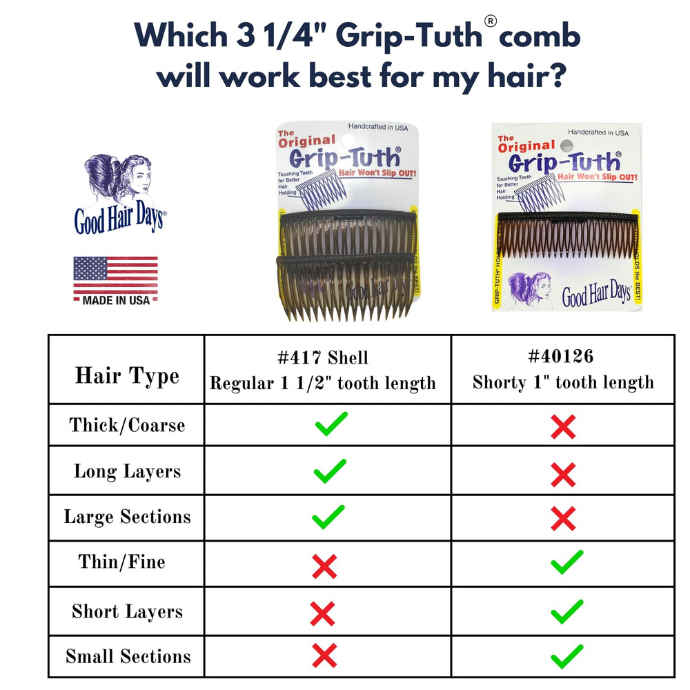 Grip-Tuth evita deslizamiento con dientes sin huecos, para peinados estables.