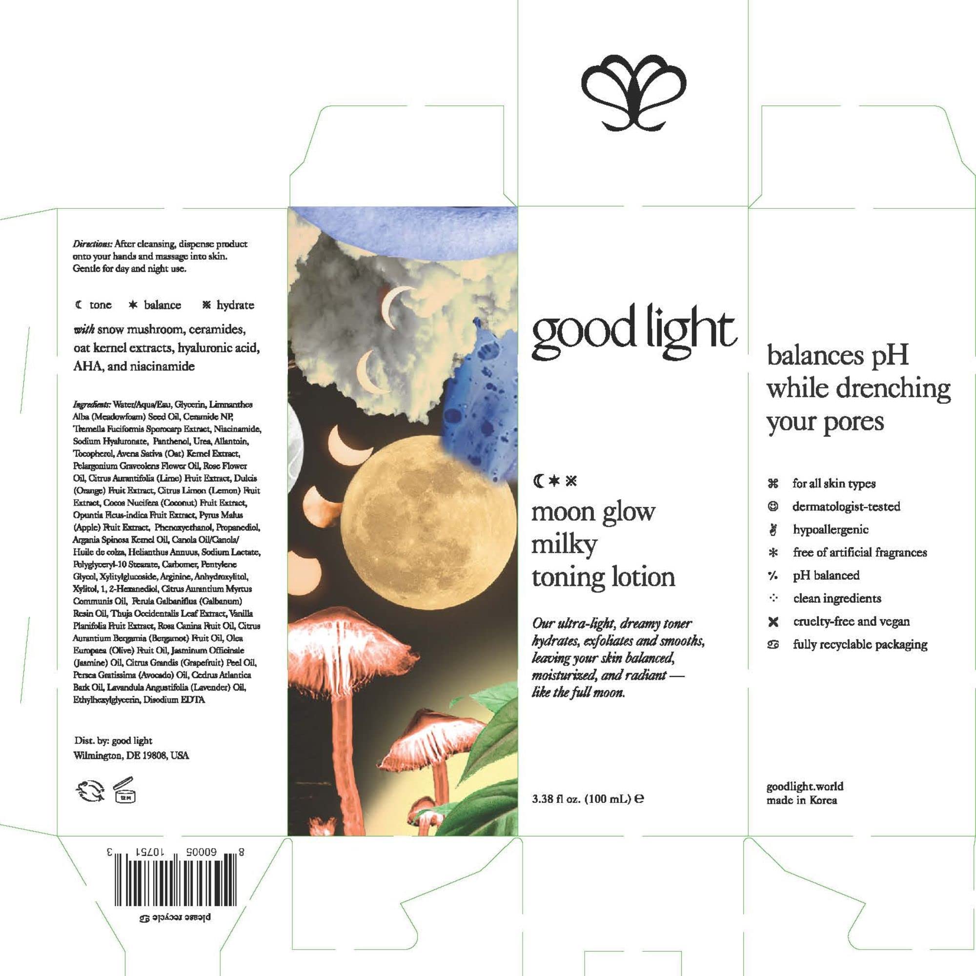 Good Light tonique lait lunaire, cosmétique coréenne vegan et sans parfum.