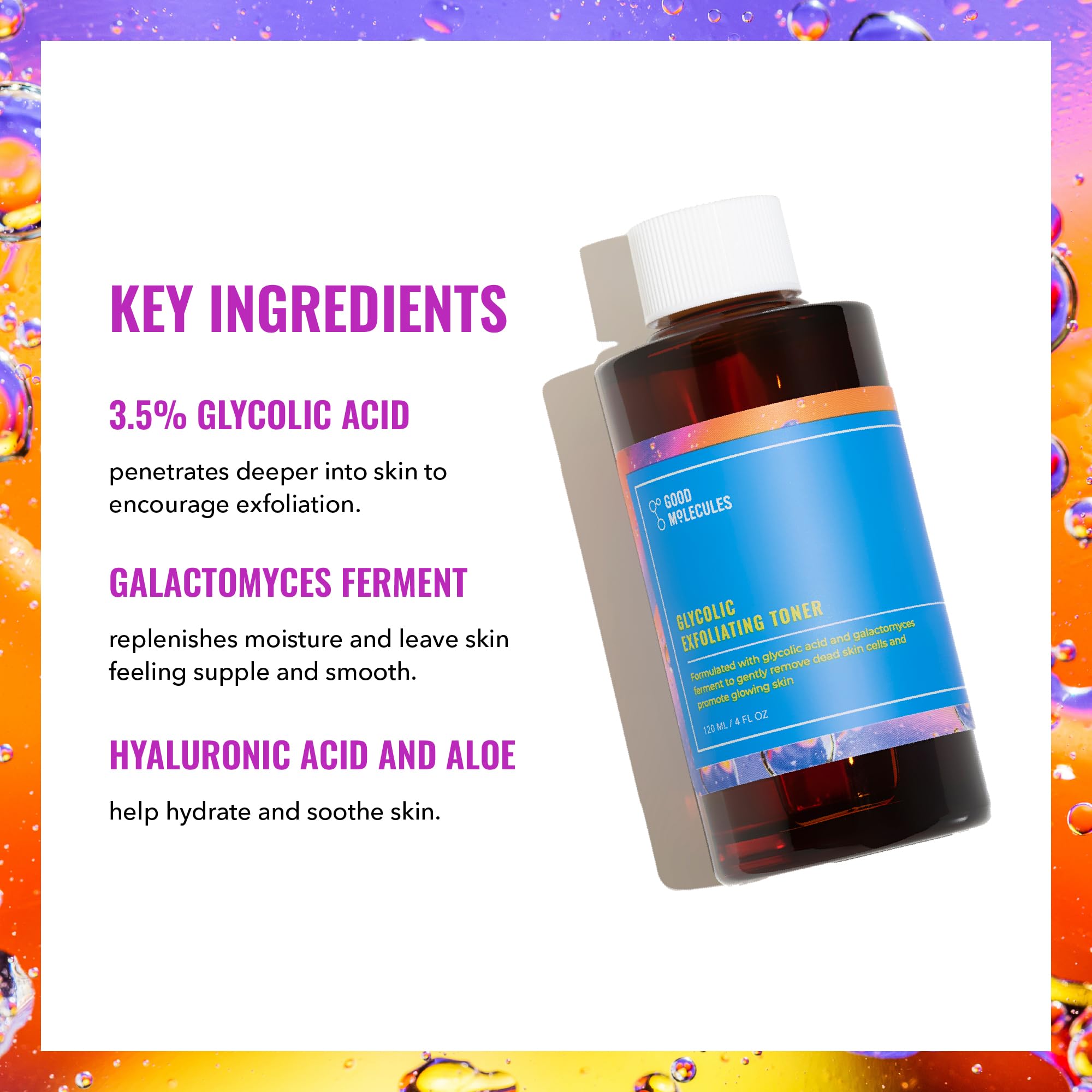 Closeup of the Good Molecules toner label highlights pH 4.2 and vegan formula.