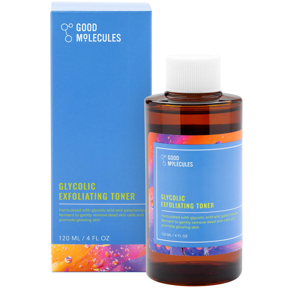Good Molecules Glycolic Exfoliating Toner bottle image shows gentle exfoliation for smoother skin.