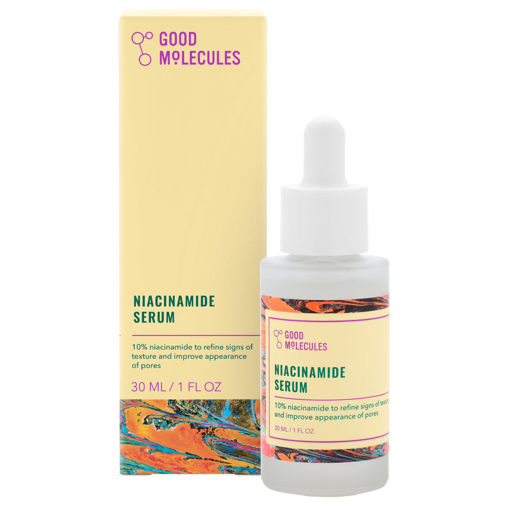 Good Molecules Niacinamide Serum botella con gotero para tono más uniforme.