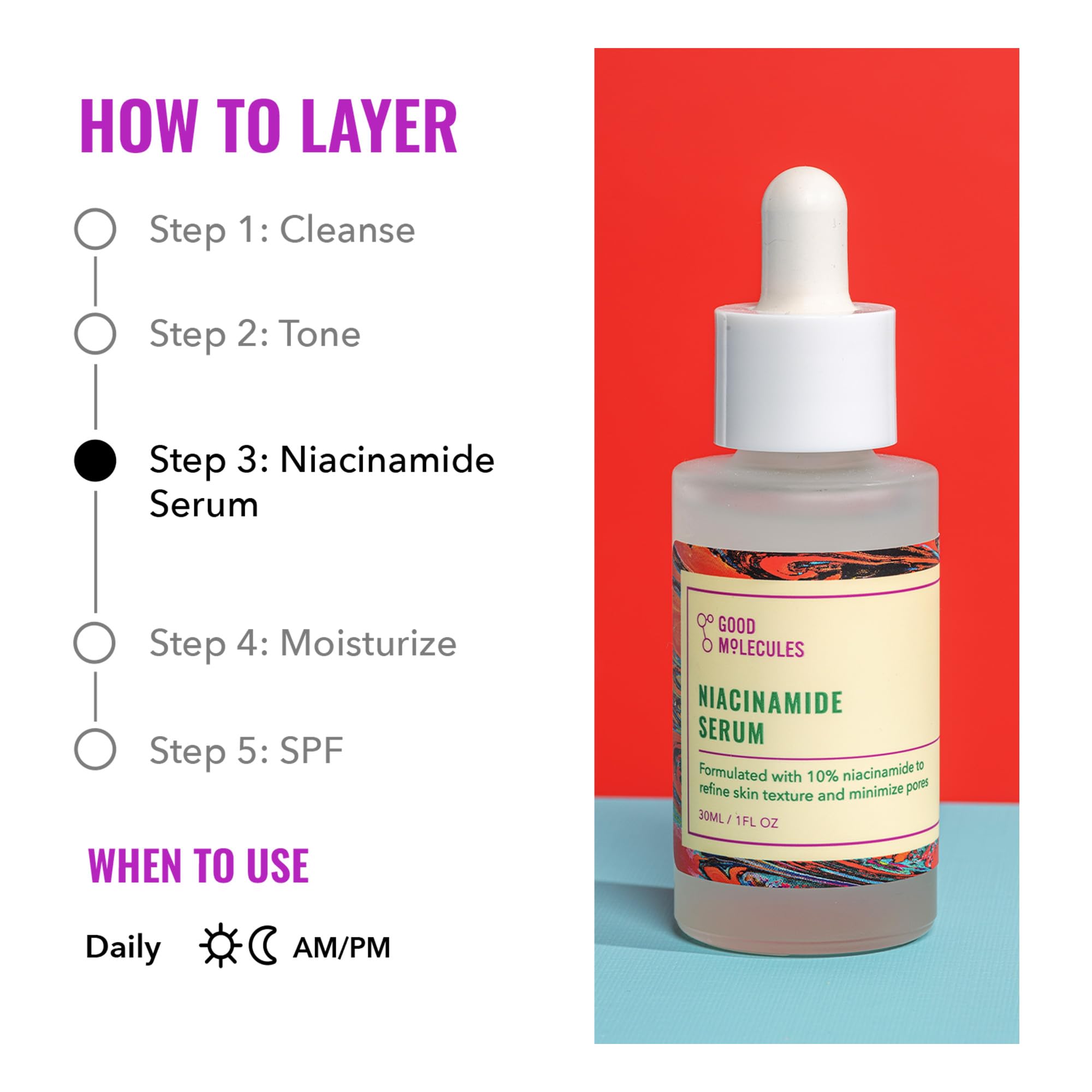 Envase minimalista de Good Molecules Niacinamide Serum para cuidado diario.