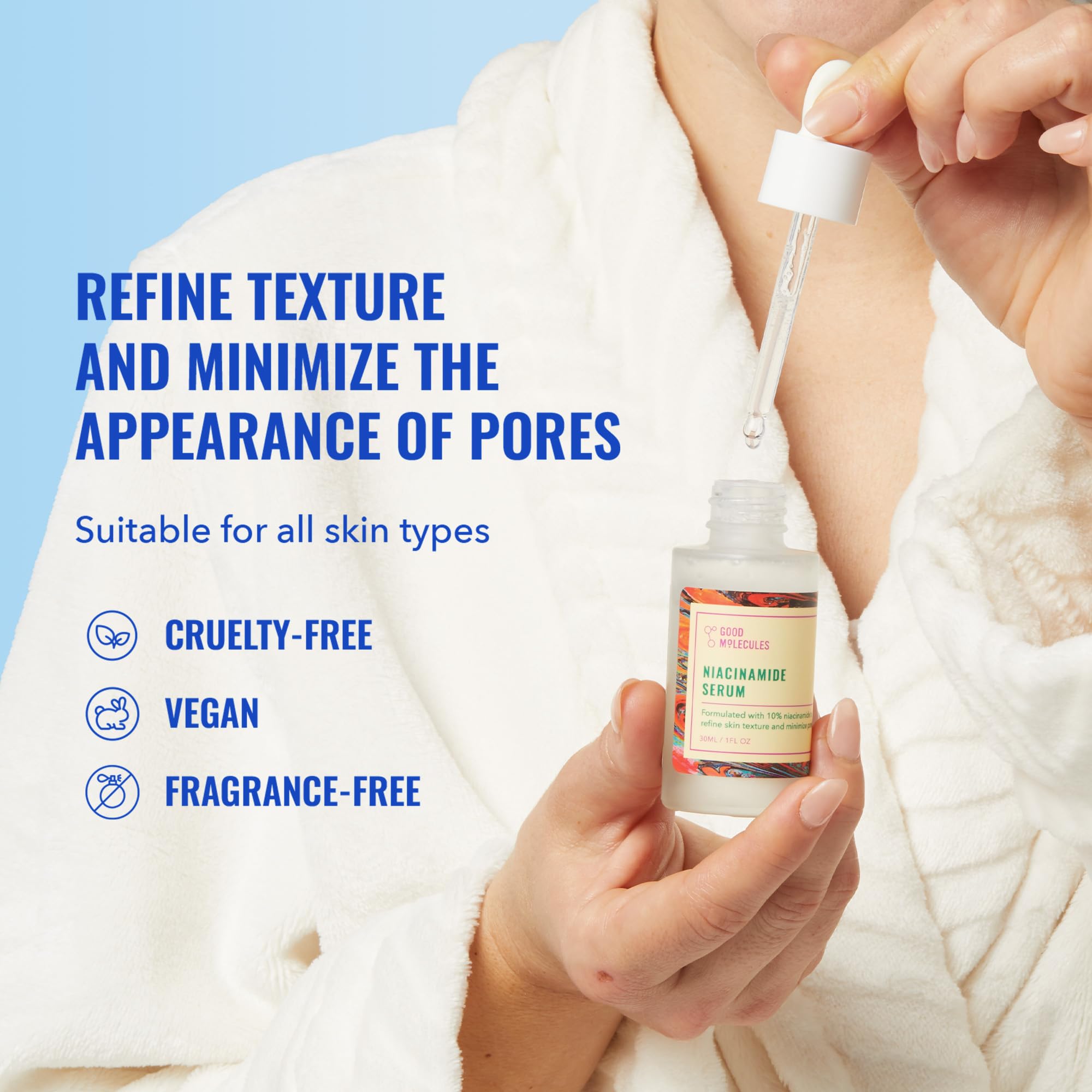 Textura seda de Good Molecules Niacinamide Serum para absorción suave.