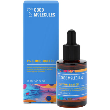 Good Molecules 1% Retinol Night Oil bottle on vanity, promoting smoother skin.