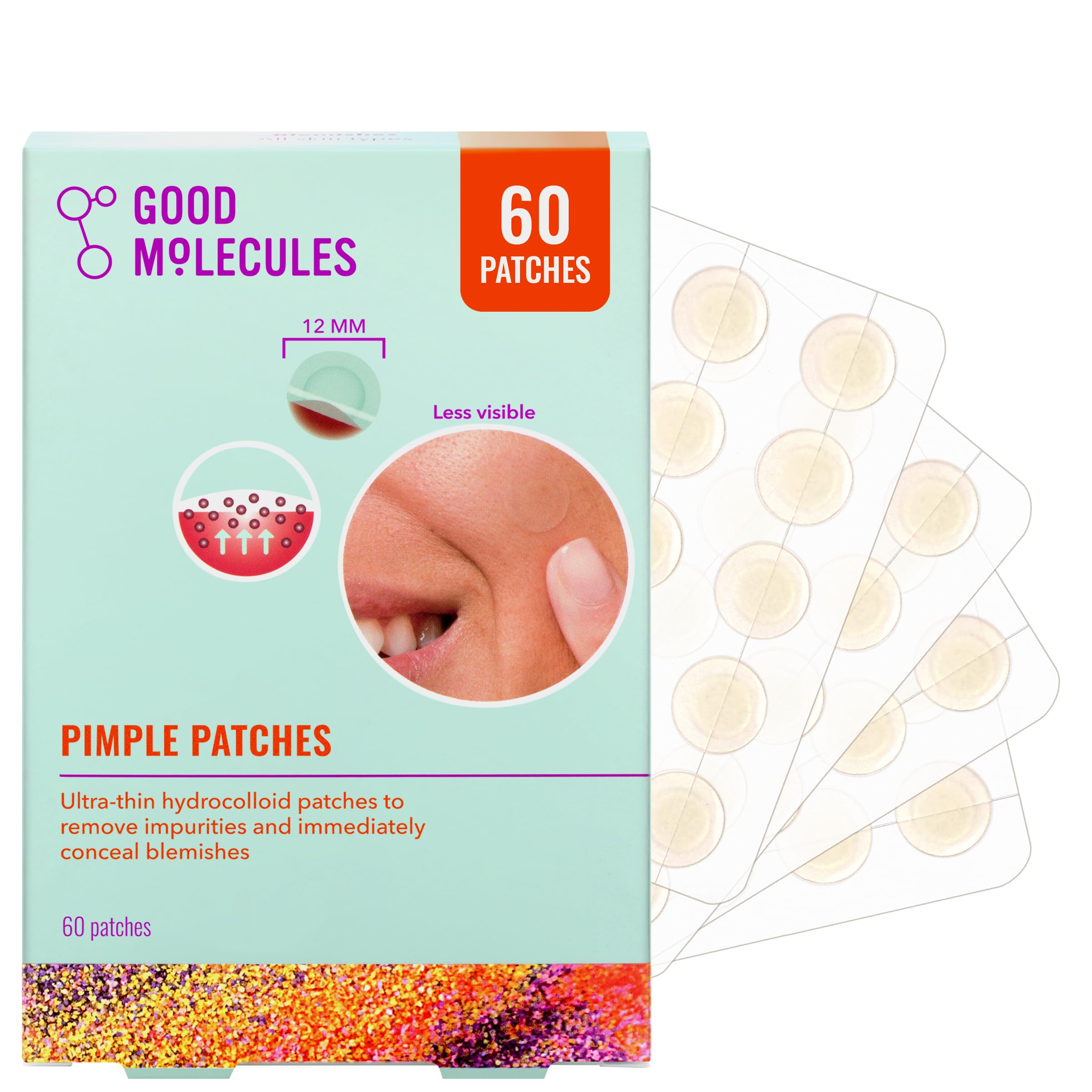 Parche Good Molecules para acné, invisible bajo maquillaje, ideal para ocultar imperfecciones.