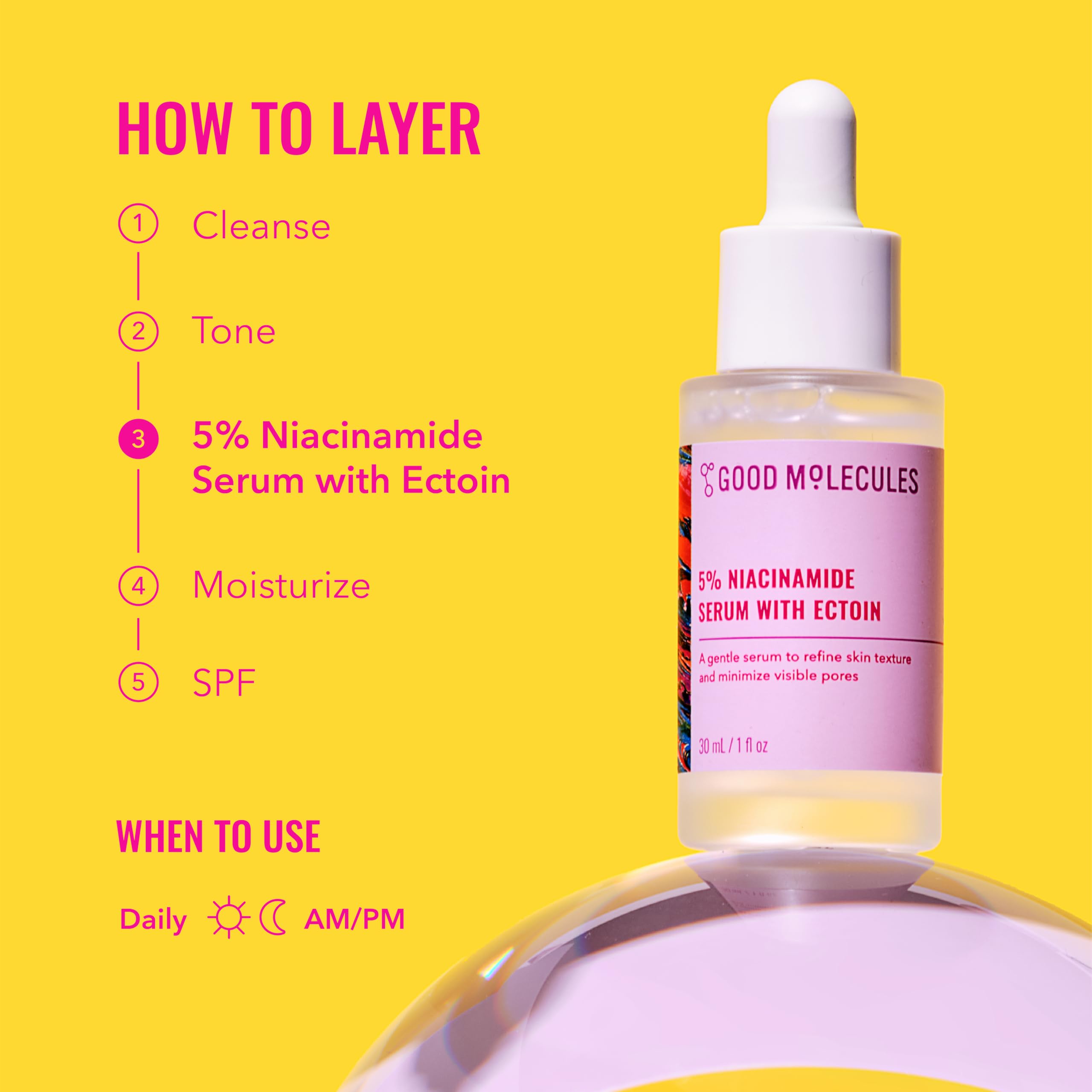 Good Molecules 5% Niacinamida con Ectoin, frasco visible para rutina diaria.