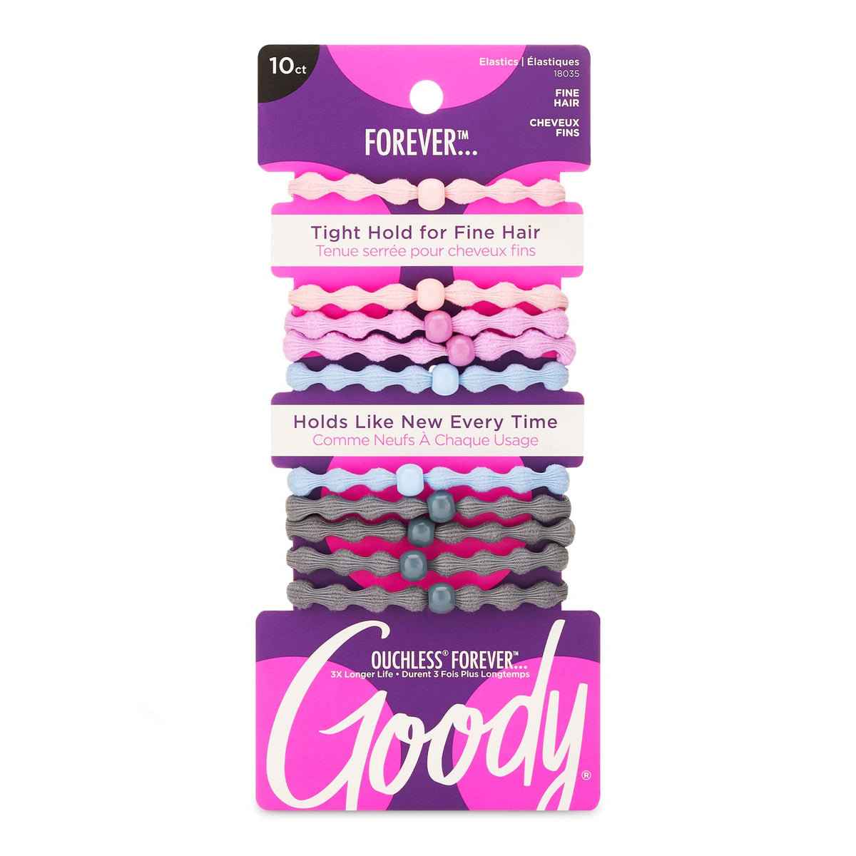 GOODY Ouchless Forever elástico para cabello fino, 10 unidades en colores variados, sujeción suave.