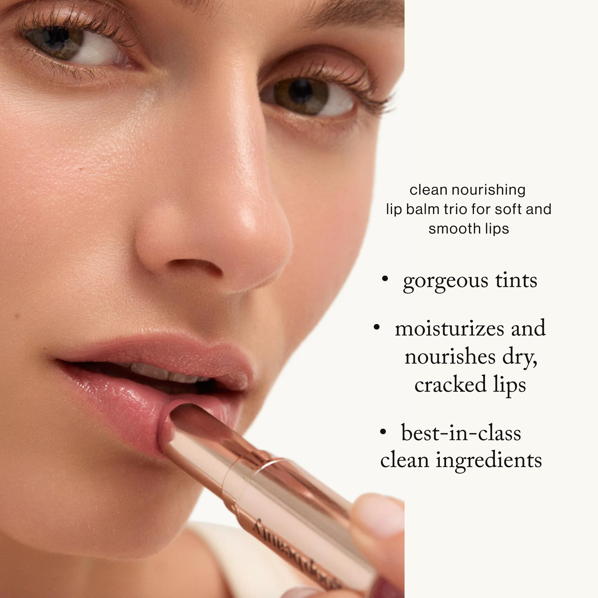 Goop Beauty Tinted Lip Balm applied to lips for smooth, sheer nude-pink color.