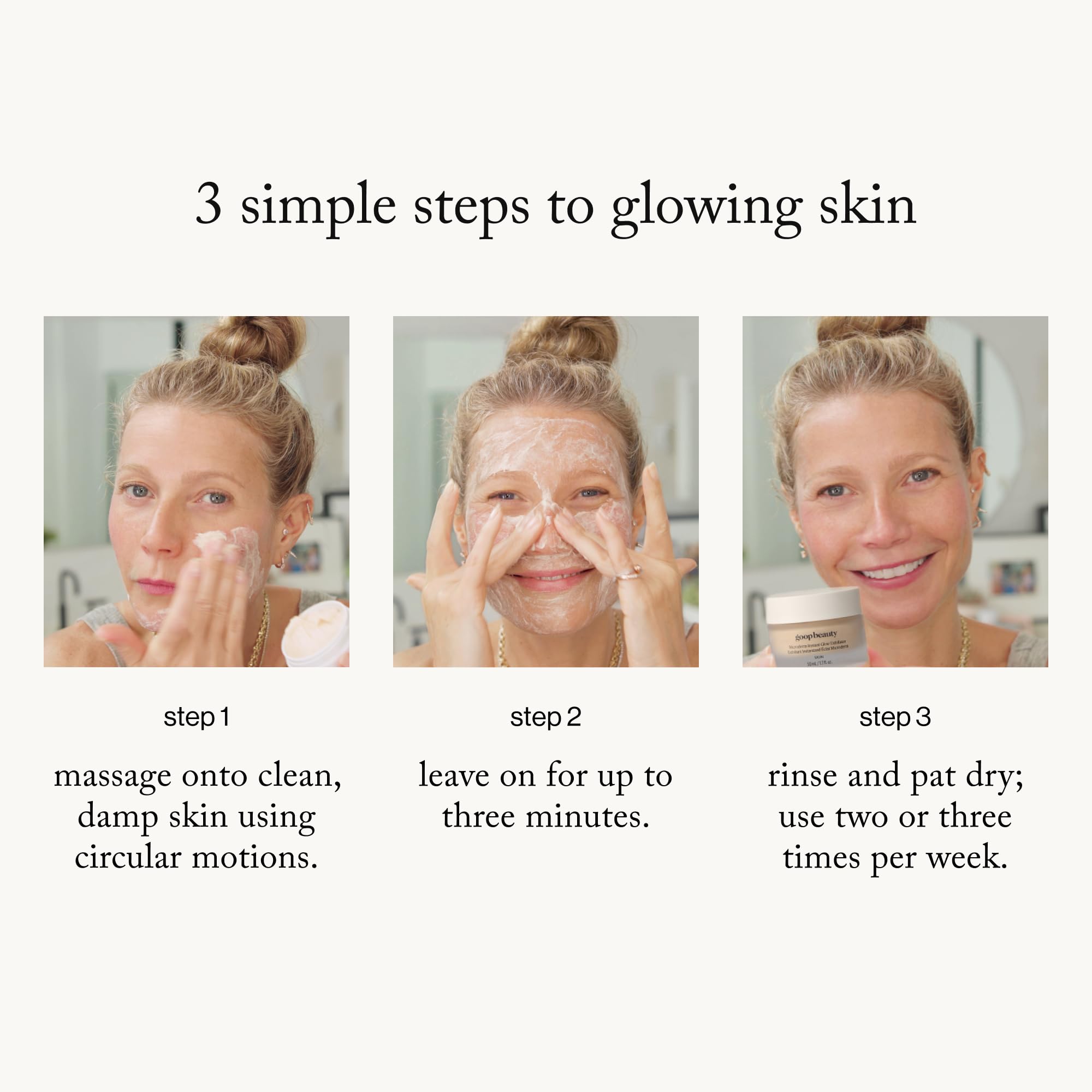 Goop Beauty Microderm Exfoliator, aplicación de rostro, piel suave tras uso regular.