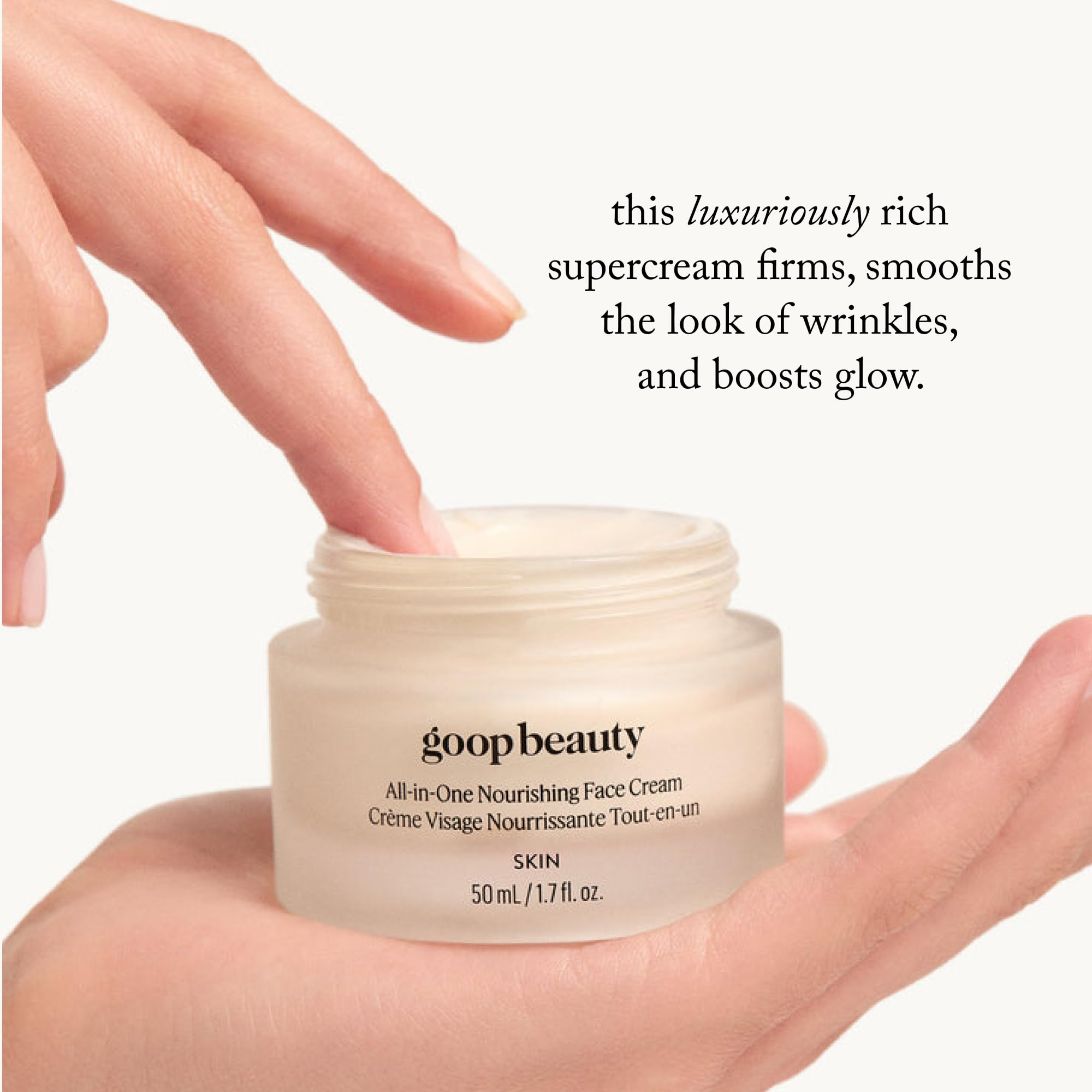 Goop Crema Facial Nutritiva: ceramidas vegetales y escualano para piel suave y tono uniforme.