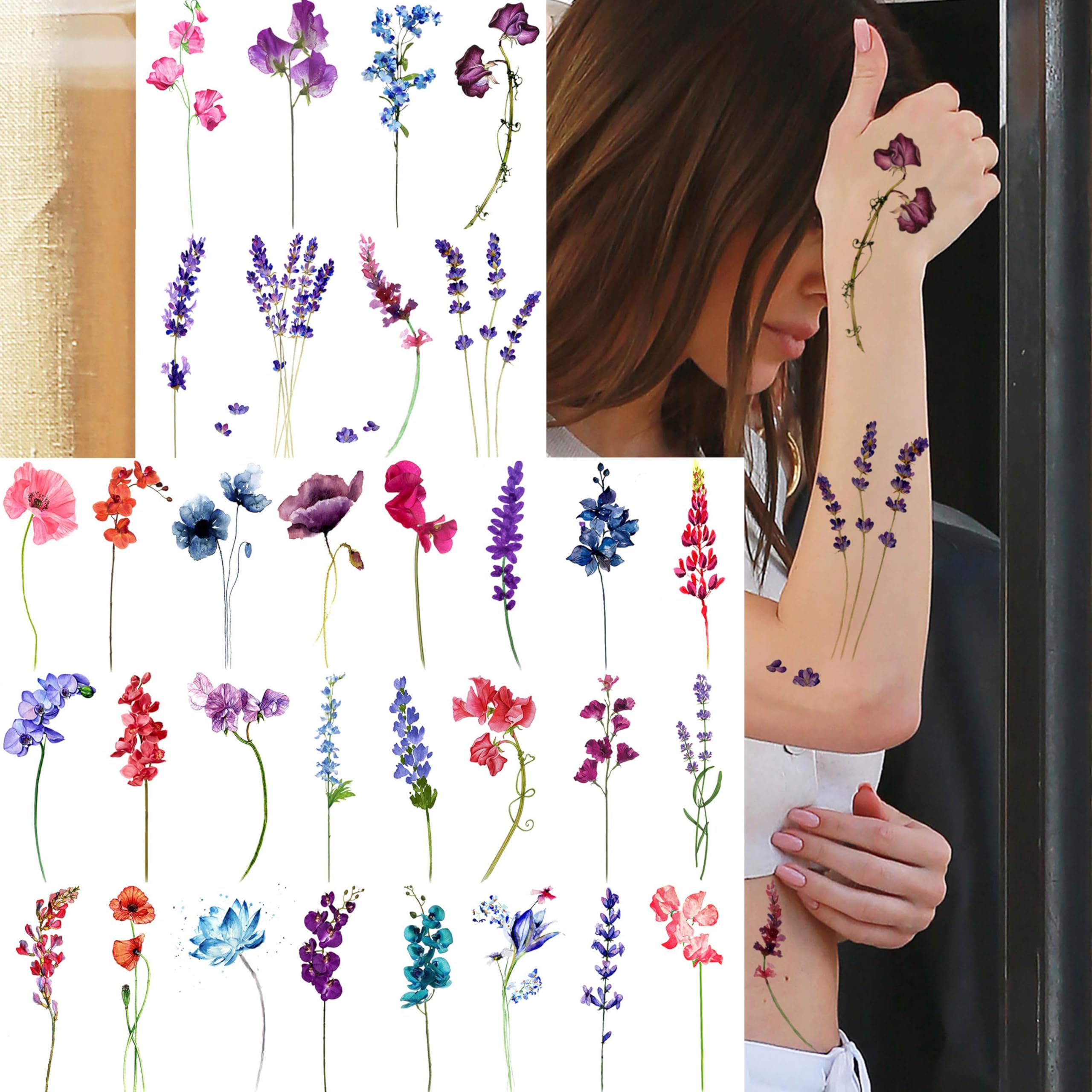 Tatuaje Goromon lavanda arte floral, colorido para verano.