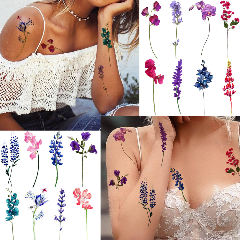 Tatuaje Goromon lavanda piel, diseño floral para cuello.