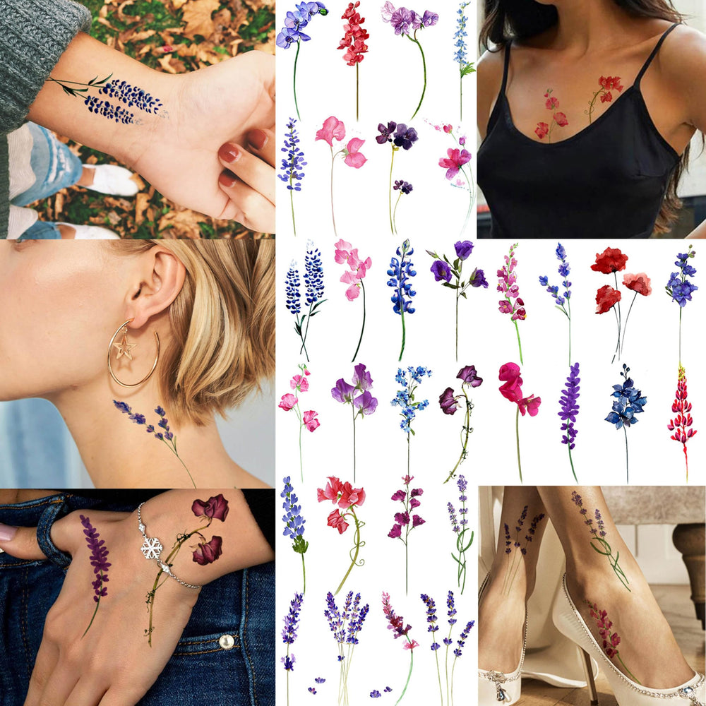 Tatuaje Goromon lavanda en ramo acuarela, diseño versátil para cuello o muñeca.