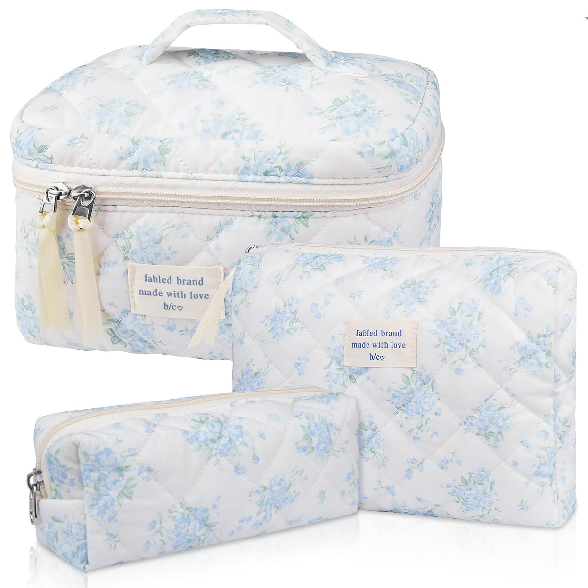 Gosect bolsa maquillaje acolchada floral azul rosa para viaje y organización diaria
