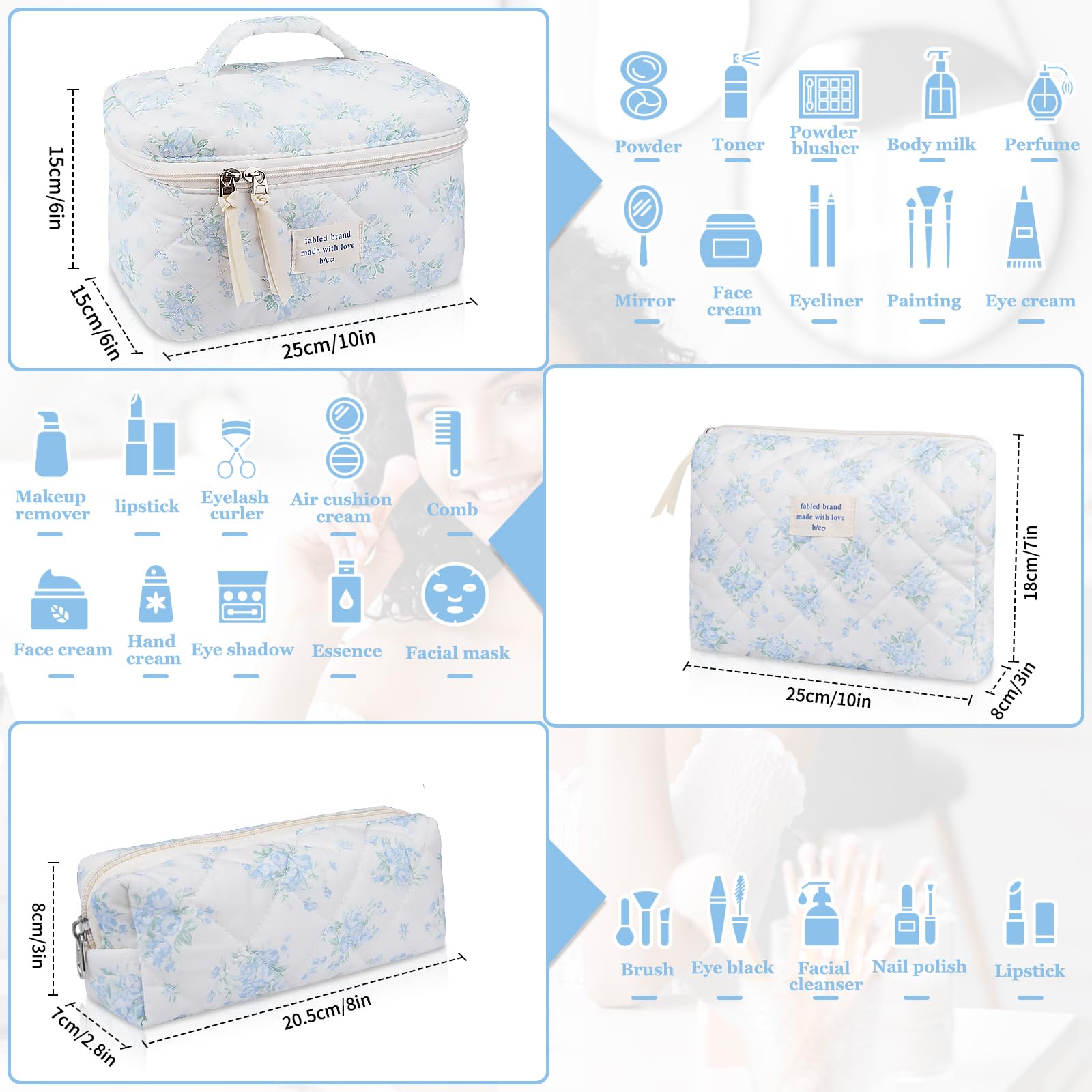 Gosect bolsa maquillaje acolchada floral azul rosa detalle cremallera dorada