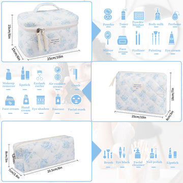 Gosect bolsa maquillaje acolchada floral azul rosa detalle cremallera dorada