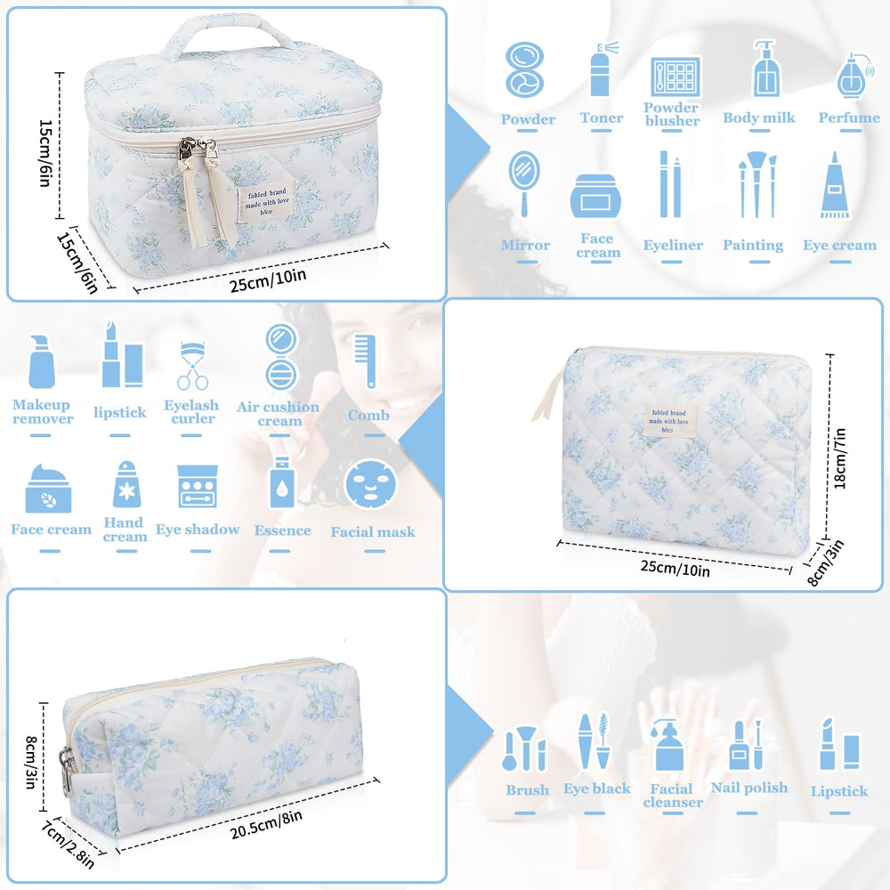 Gosect bolsa maquillaje acolchada floral azul rosa detalle cremallera dorada