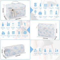 Gosect bolsa maquillaje acolchada floral azul rosa detalle cremallera dorada