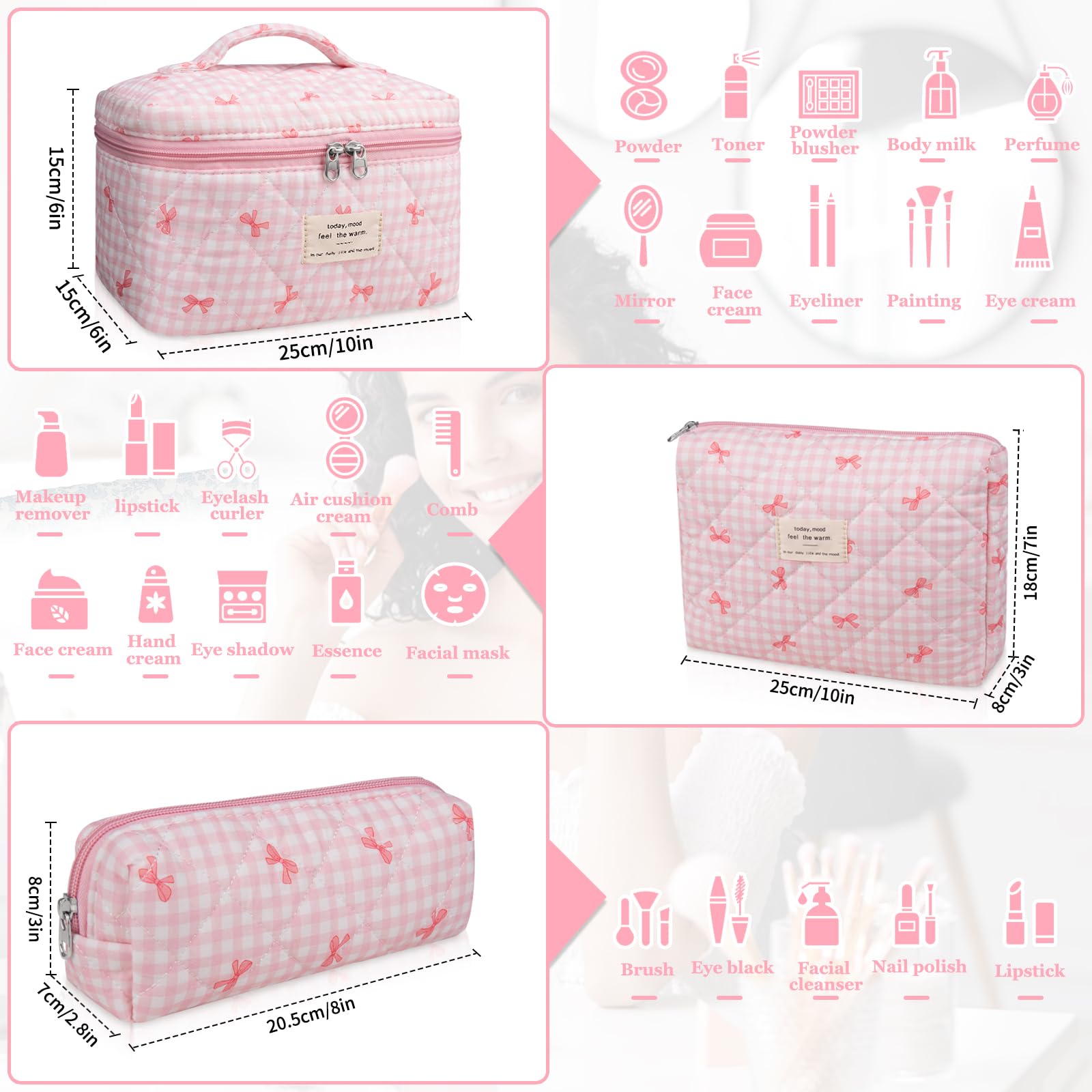 Gosect bolsa maquillaje grande acolchada floral rosa, organiza cosméticos de viaje