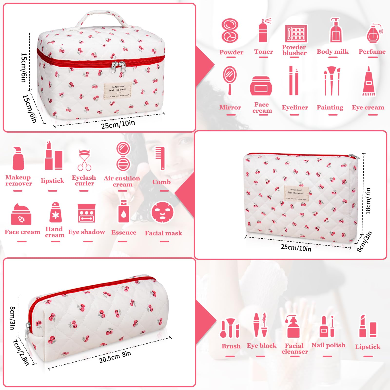 Gosect bolsa maquillaje mediana con flores, perfecta para separar productos en bolso.