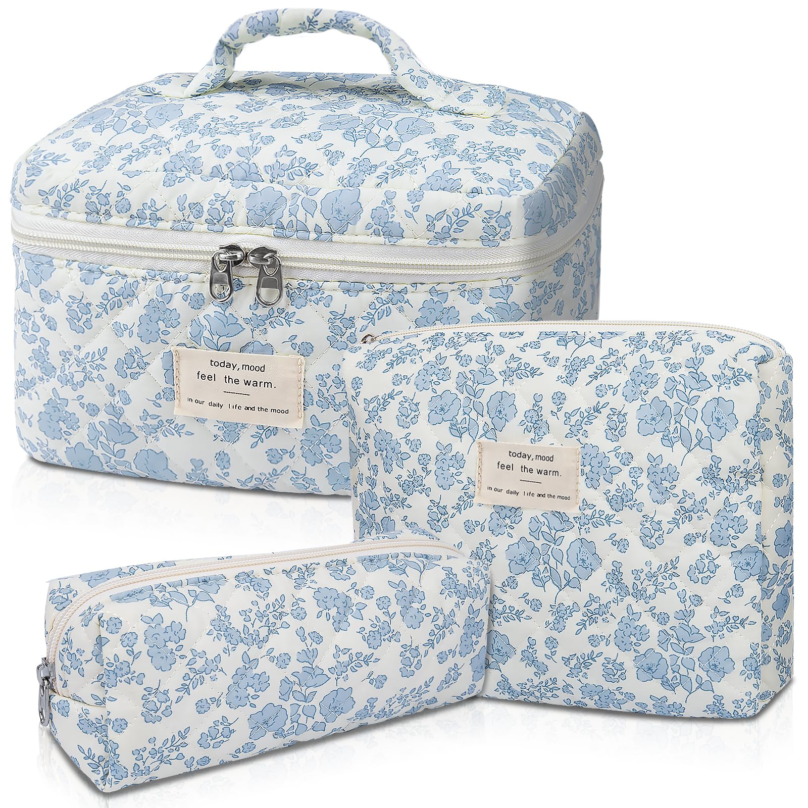 Sac maquillage Gosect matelassé bleu avec fleurs, rangement élégant et pratique