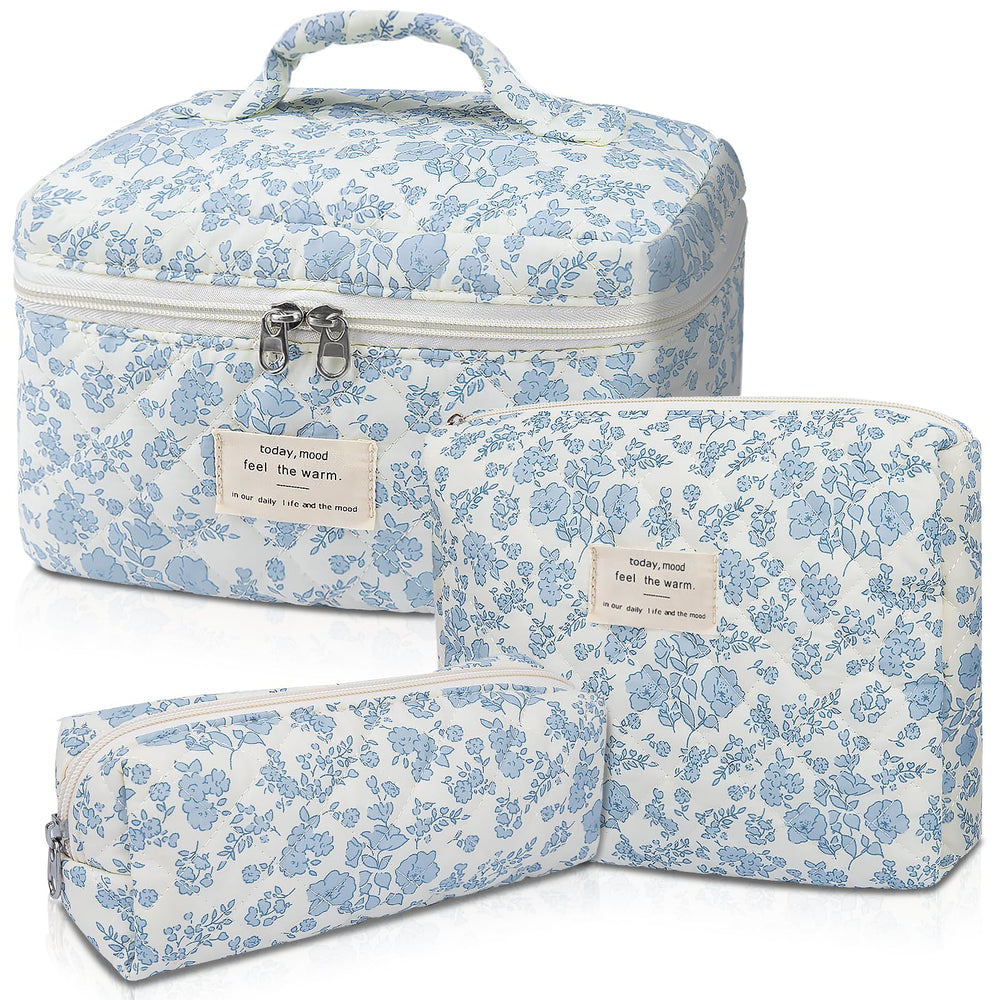 Sac maquillage Gosect matelassé bleu avec fleurs, rangement élégant et pratique