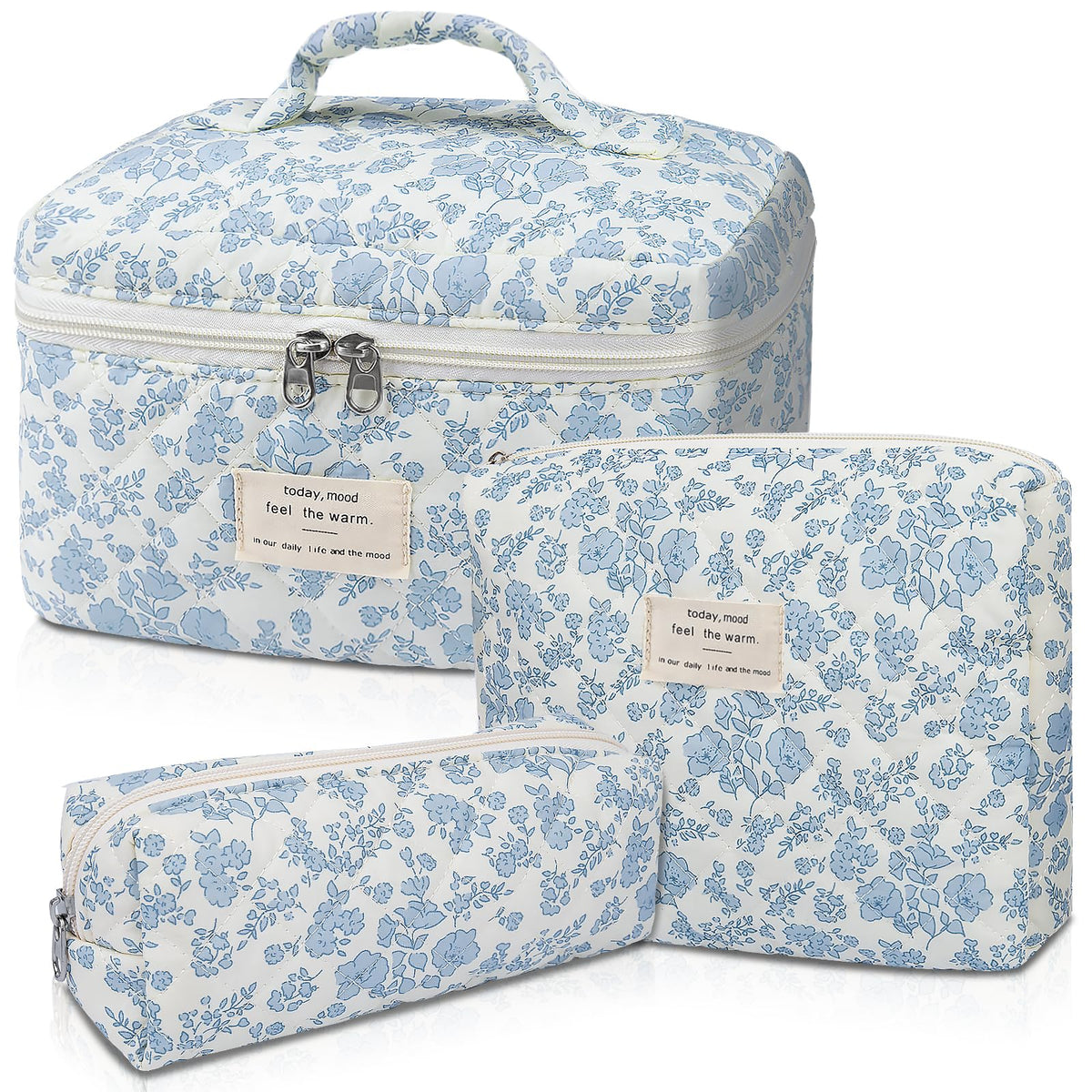 Sac maquillage Gosect matelassé bleu avec fleurs, rangement élégant et pratique