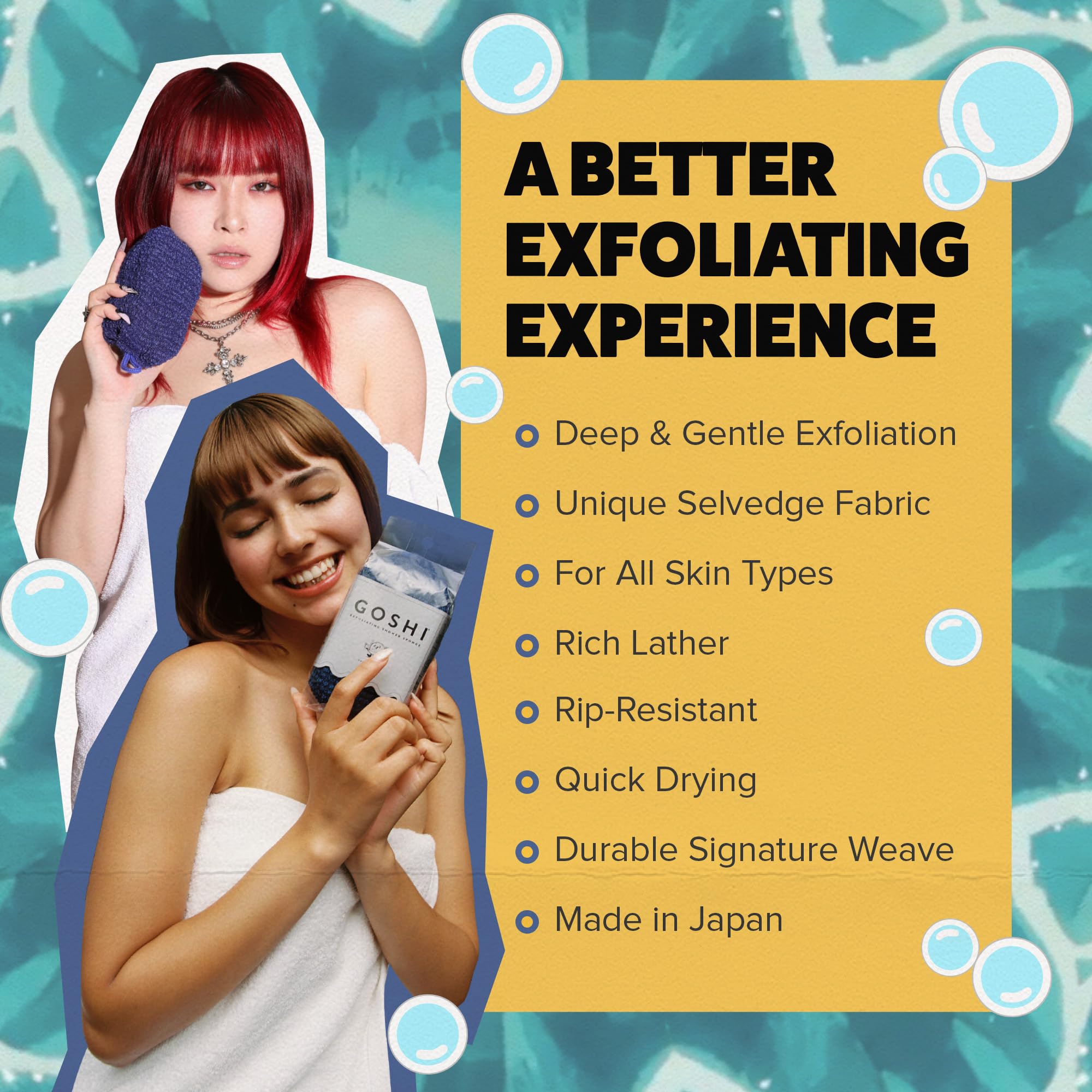 GOSHI esponja exfoliante, secado rápido para mayor higiene tras la ducha.