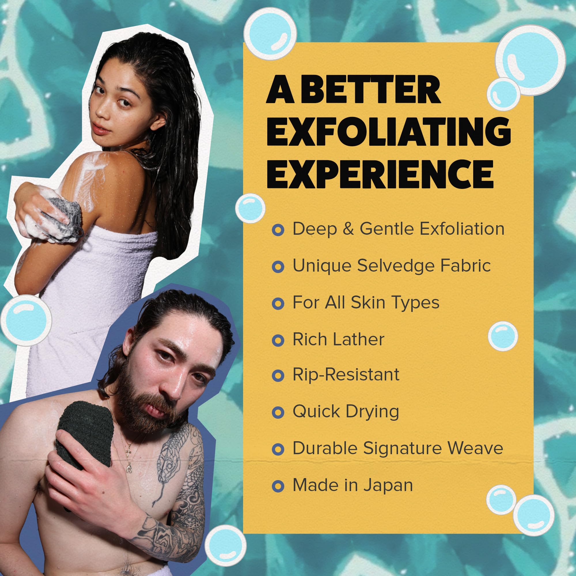 Esponja GOSHI exfoliante, se seca rápidamente para una higiene constante después de la ducha.