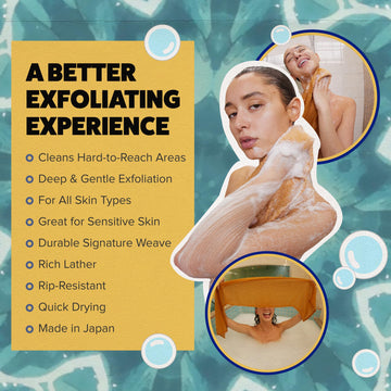 GOSHI textura exfoliante de dos fibras para remover suciedad y células muertas sin irritar la piel.