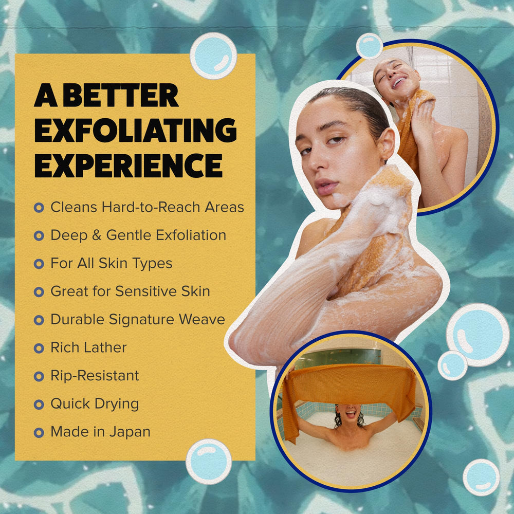 GOSHI textura exfoliante de dos fibras para remover suciedad y células muertas sin irritar la piel.