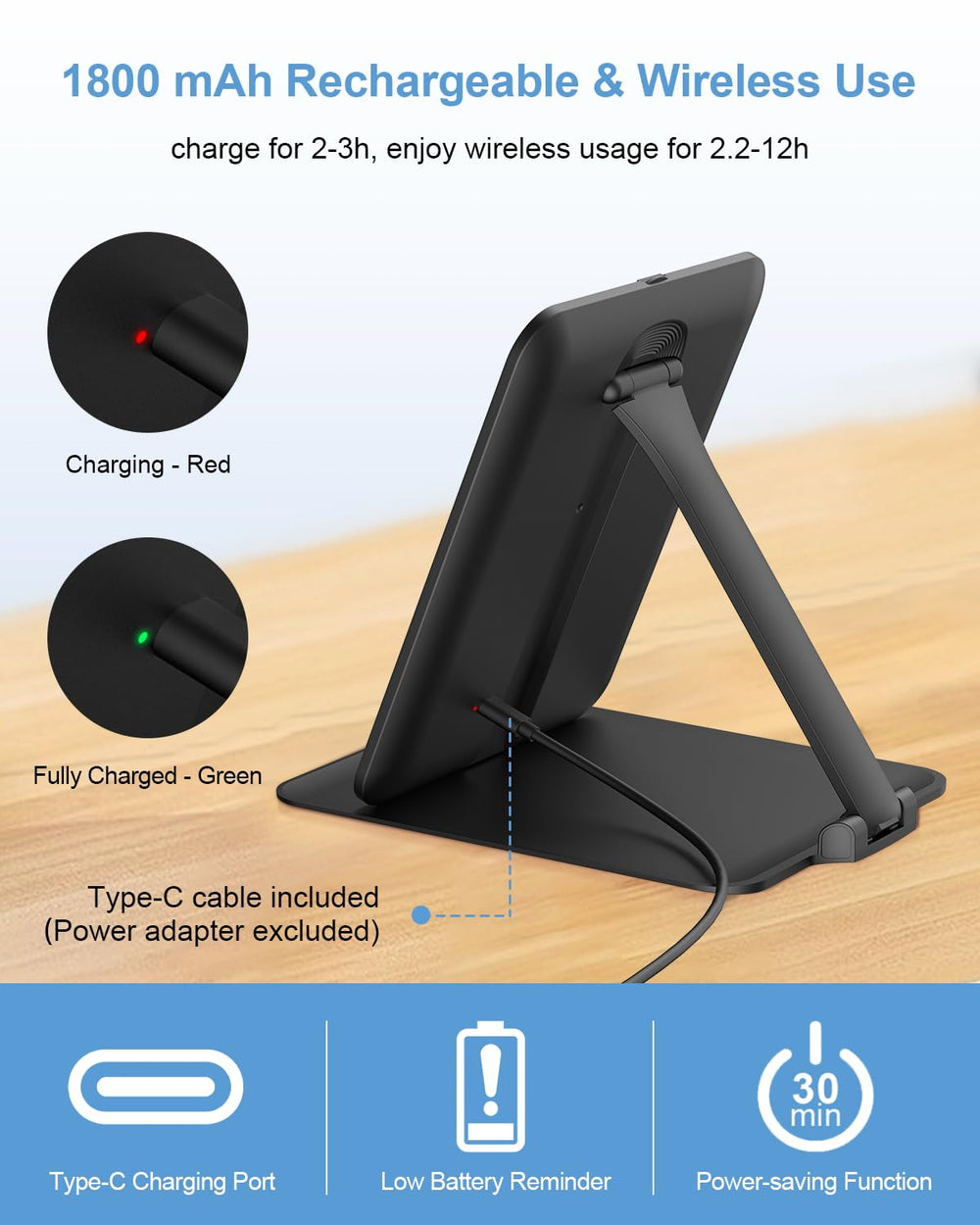 Batería recargable de 1800 mAh con carga Tipo-C para uso portátil.