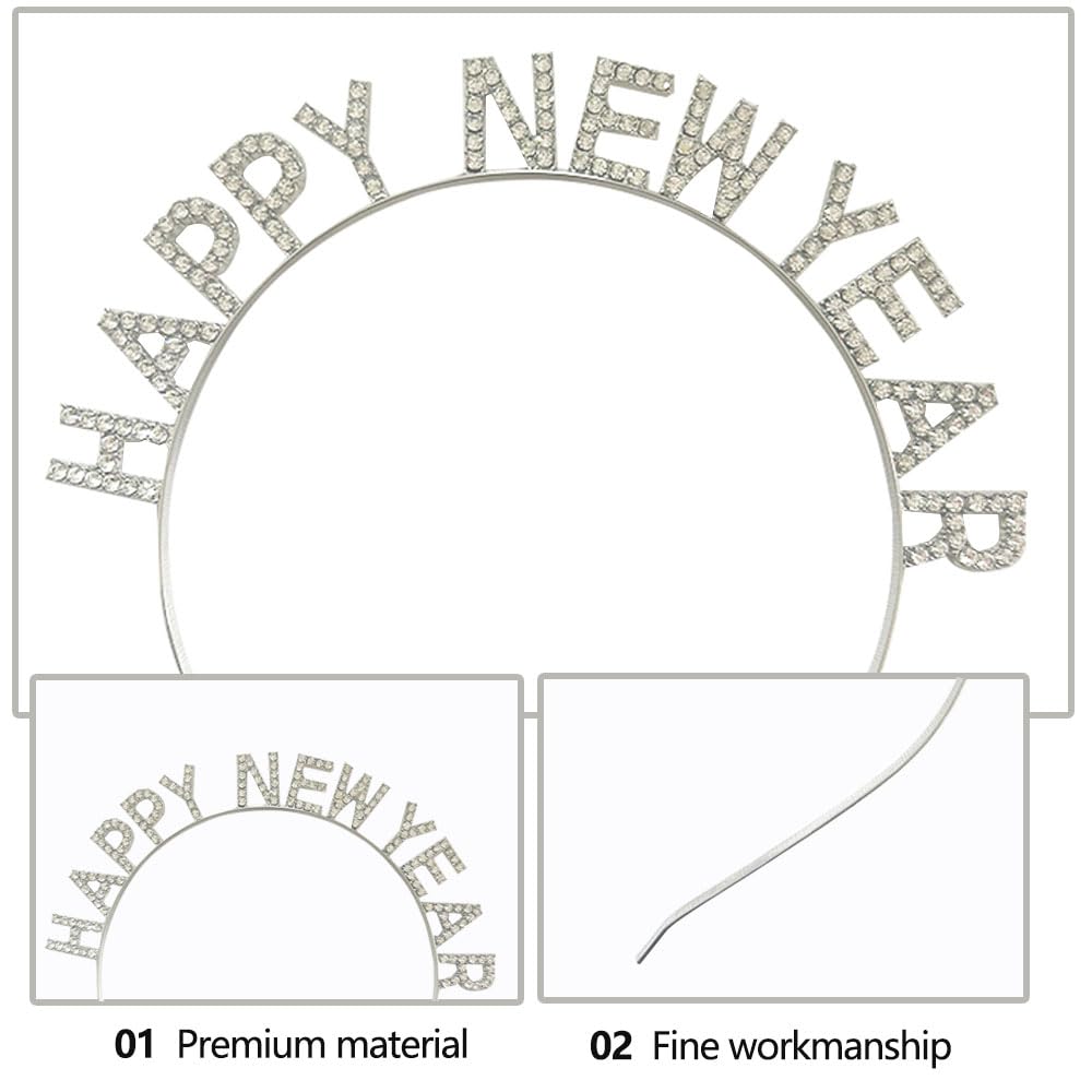 Gosuoa diadema plateada con FELIZ AÑO NUEVO, ideal para medianoche