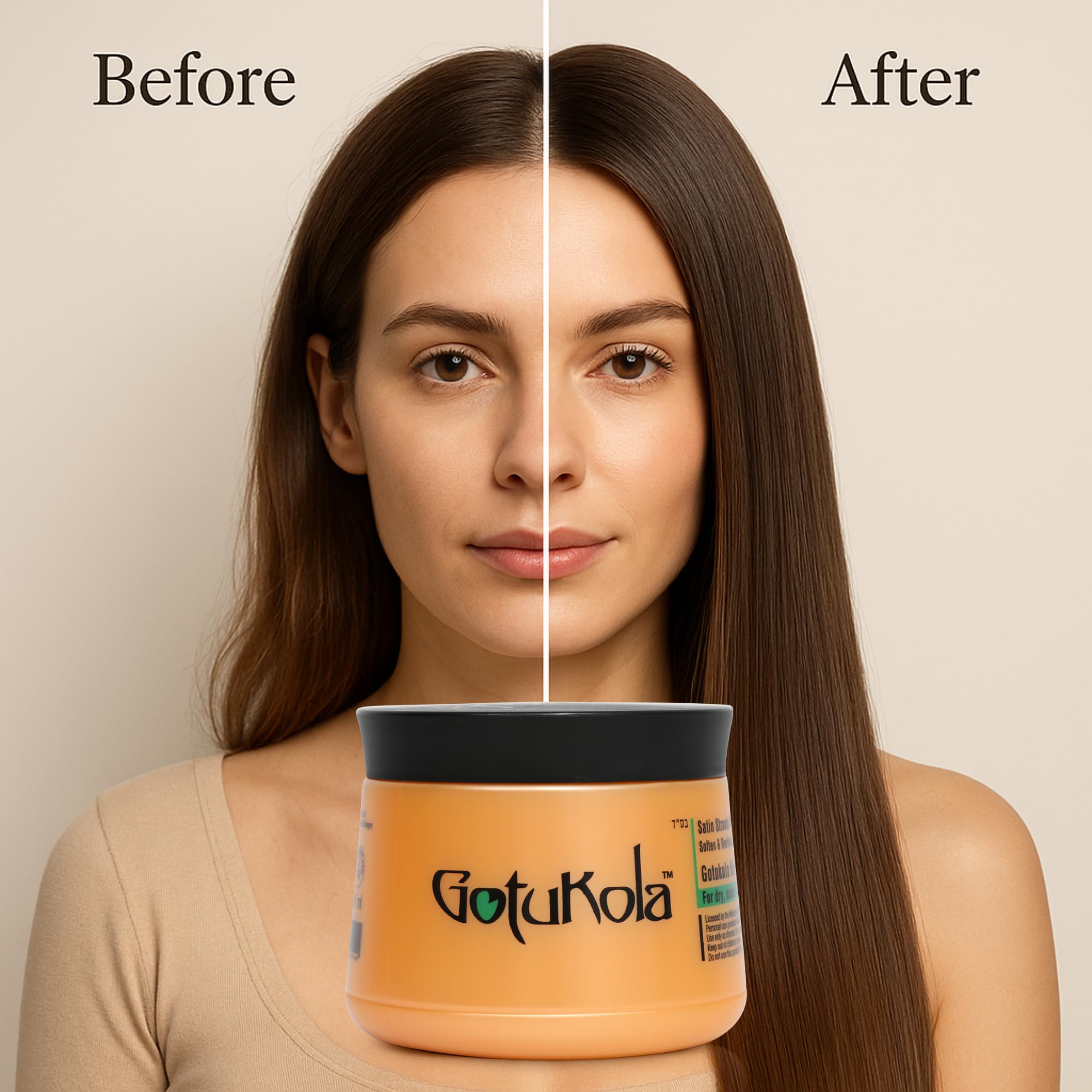 Texture crème Gotukola sur cheveux lors de l’application, sensation douce et hydratante.