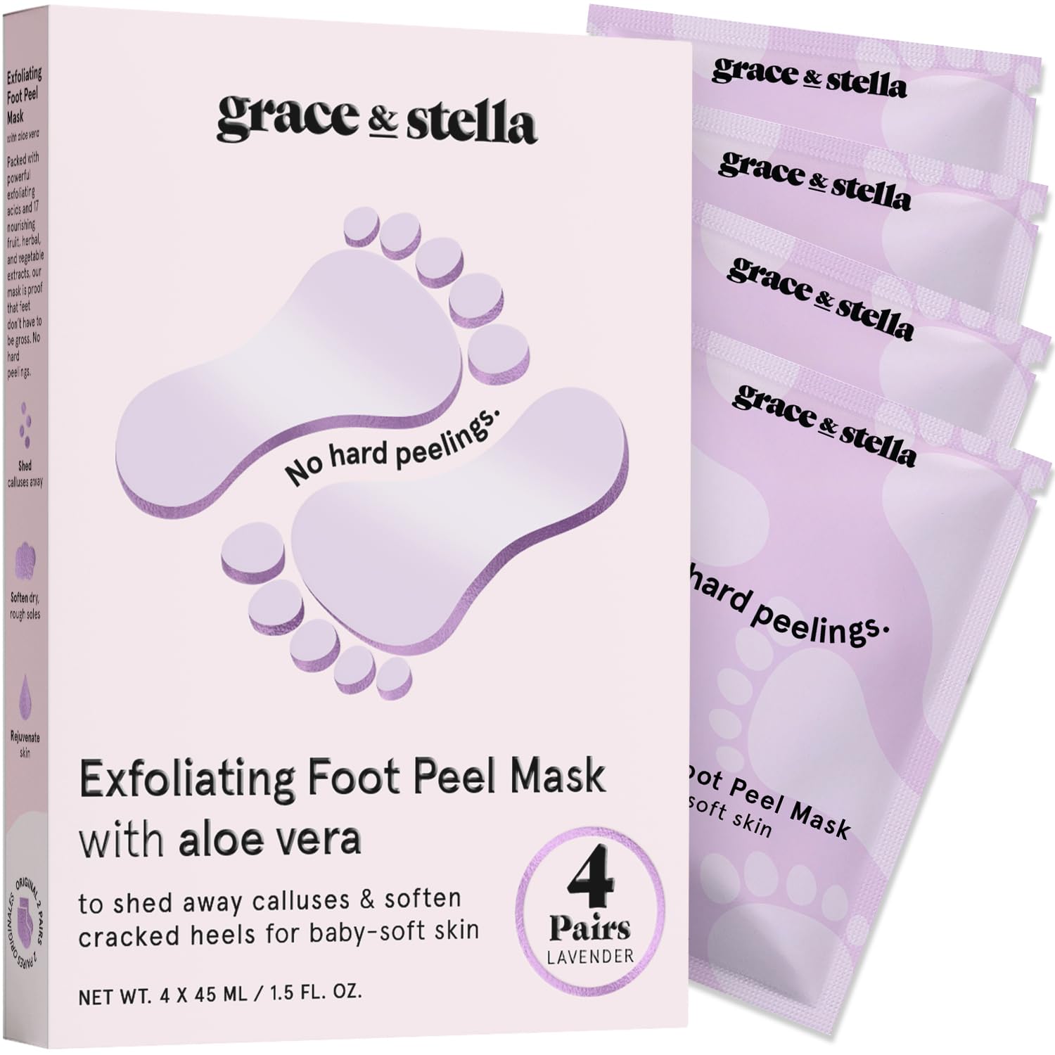 grace & stella mascarilla exfoliante para pies en envase, exfolia suavemente y prepara la piel