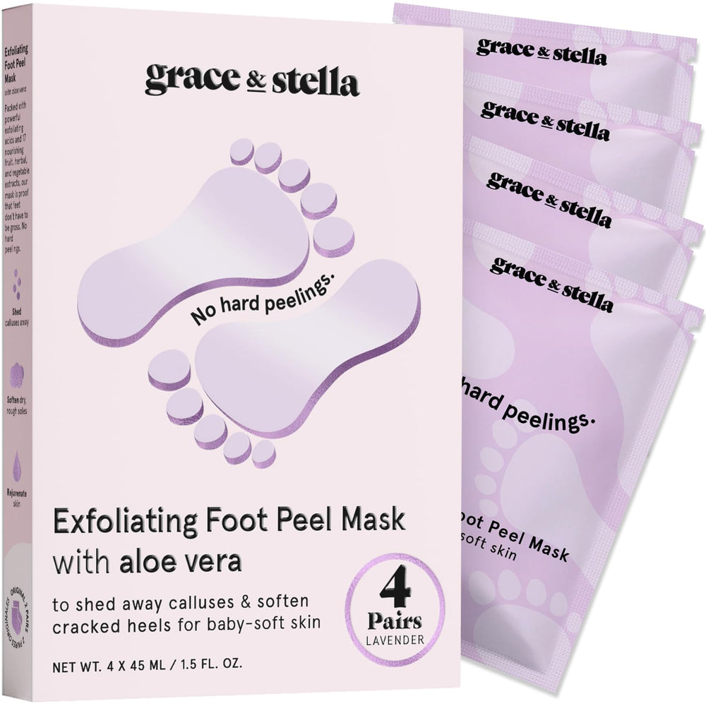 grace & stella mascarilla exfoliante para pies en envase, exfolia suavemente y prepara la piel