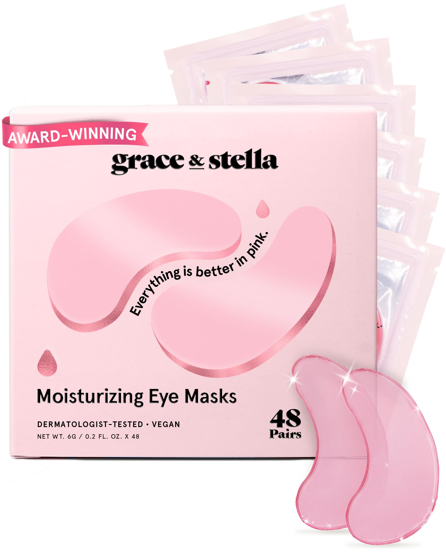 Grace & Stella parches de ojos rosas, 48 pares, alivio para ojeras y hinchazón.