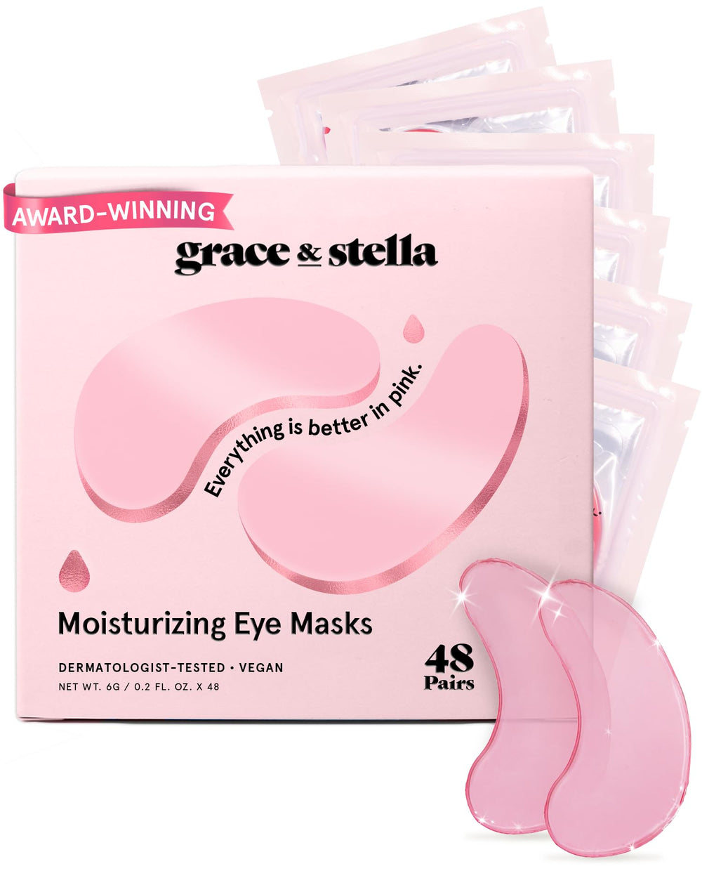 Grace & Stella parches de ojos rosas, 48 pares, alivio para ojeras y hinchazón.