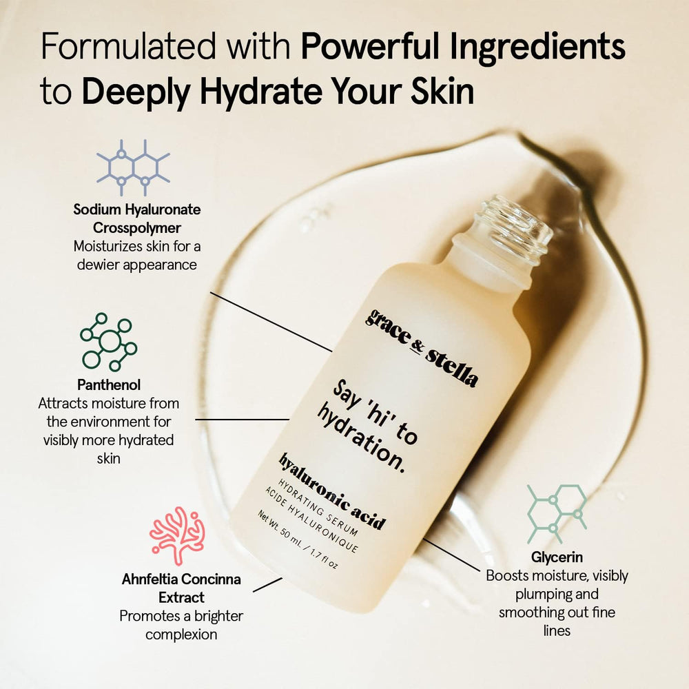 Grace & Stella serum, envase de vidrio que resalta la fórmula hidratante.