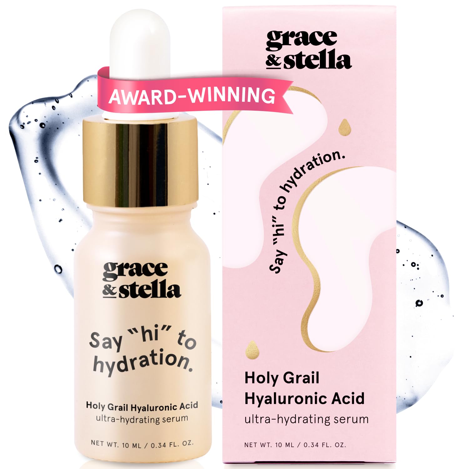 Grace & Stella serum acido hialuronico, envase de botella para hidratación diaria.