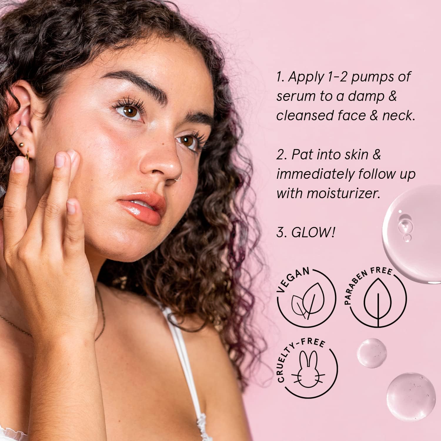 Grace & Stella serum acido hialuronico, fórmula vegana sin parabenos para cuidado cotidiano.