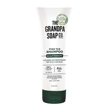 Champú de brea de pino de The Grandpa Soap Company, botella vertida para limpieza suave del cuero cabelludo.
