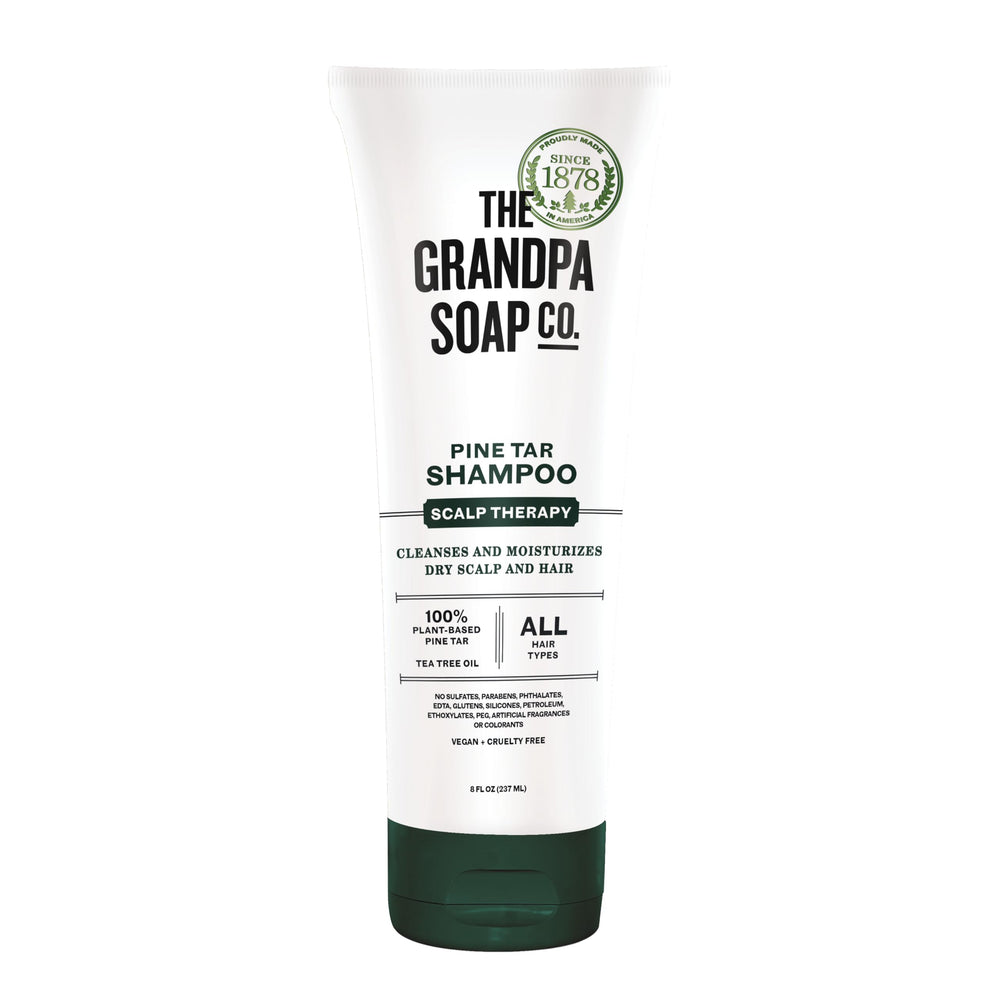Champú de brea de pino de The Grandpa Soap Company, botella vertida para limpieza suave del cuero cabelludo.