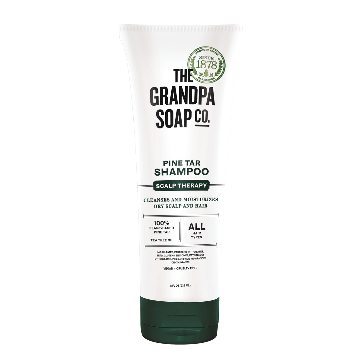 Champú de brea de pino de The Grandpa Soap Company, botella vertida para limpieza suave del cuero cabelludo.