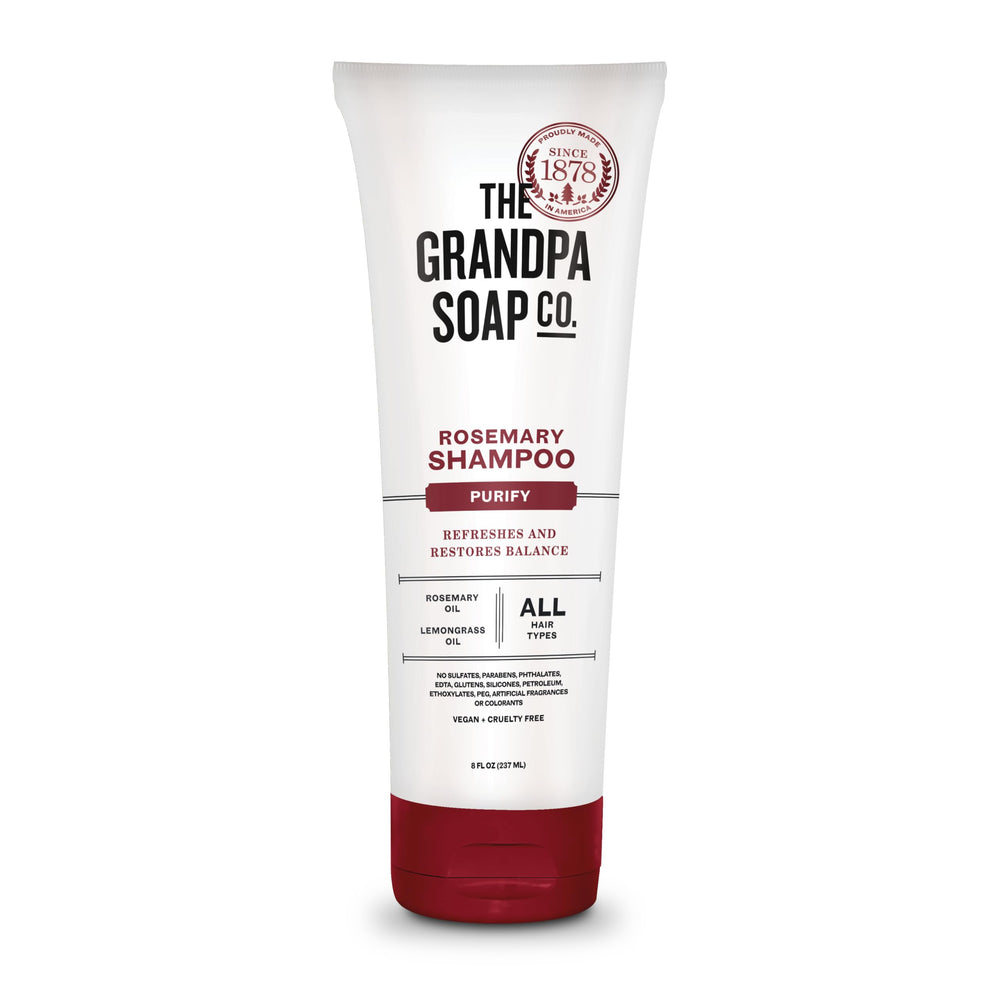 Champú romero-limón The Grandpa Soap Company en botella, purifica el cabello.