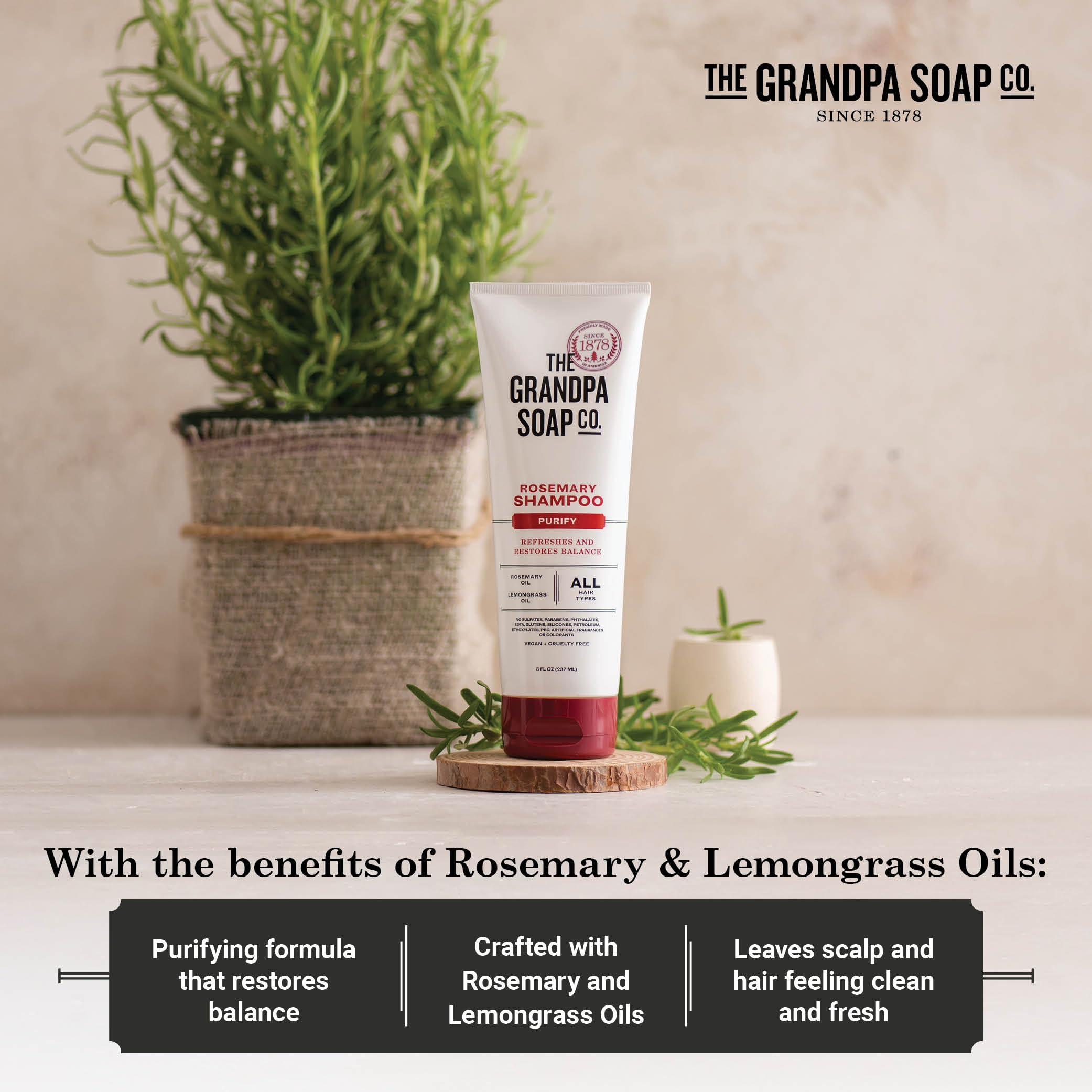 Champú sin sulfatos y sin parabenos de The Grandpa Soap Company para uso suave.